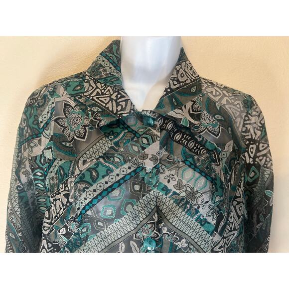 Erin London women's size Small sheer button-up blouse Teal-Black-ETC boho style - Picture 3 of 12